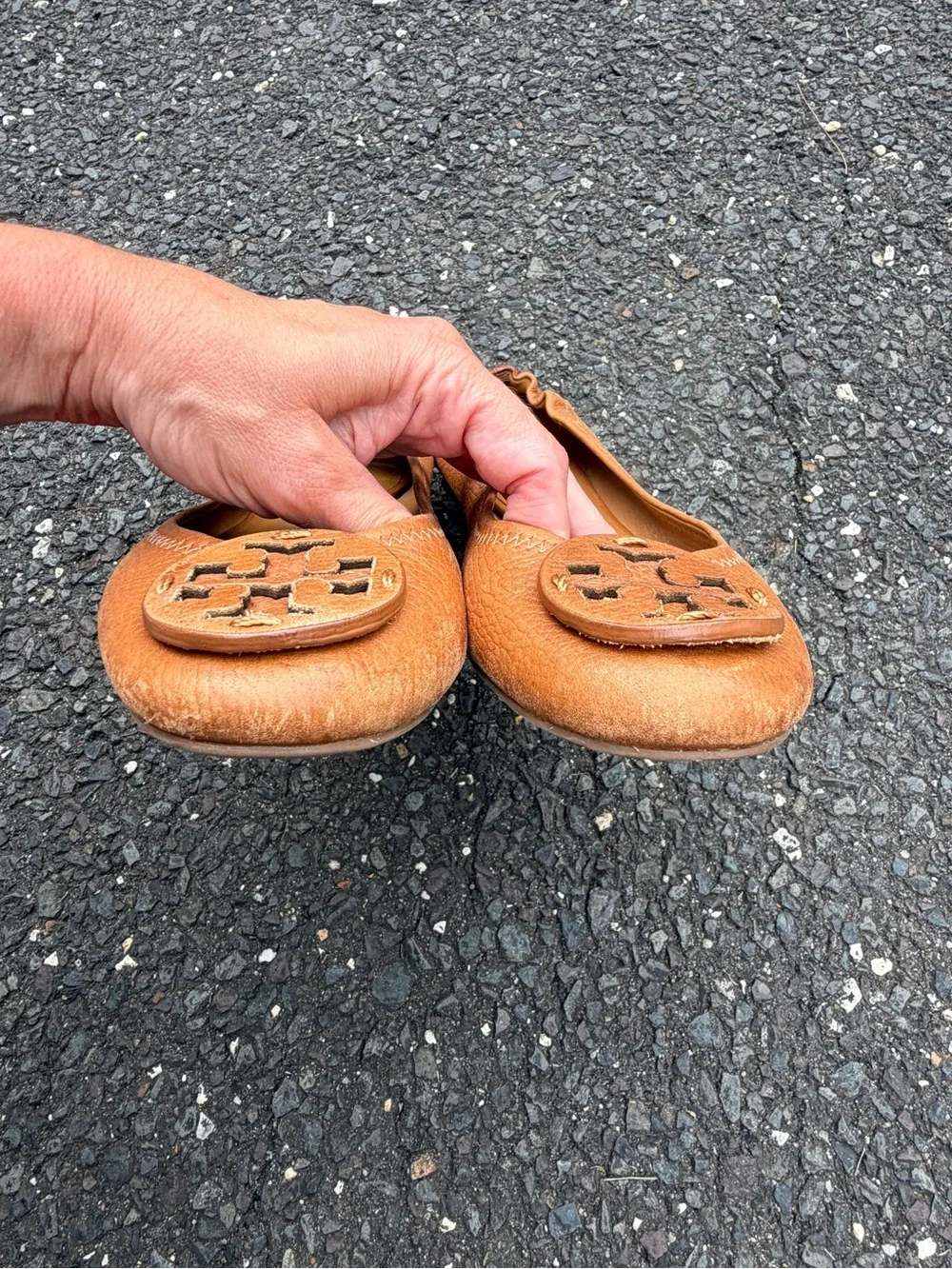 Tory Burch Cognac Leather Logo Ballet Flats